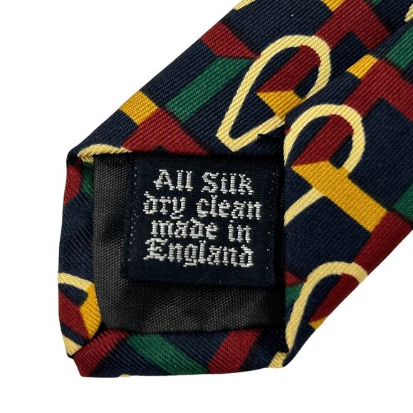 Burberrys Mens Tie Necktie Blue Gold Red Green Geometric Silk Made In England - Picture 6 of 7